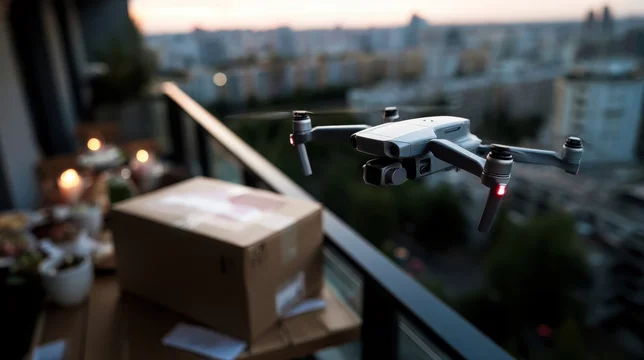 Urban Food Delivery by Drone to City Tower Balcony