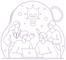 Team Brainstorming Session with Light Bulb Symbolizing Innovation and Problem-Solving with Line Art