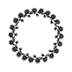 Elegant circular frame made of cornflower blossoms. Black and white floral wreath silhouette, isolated vector graphic element for design.