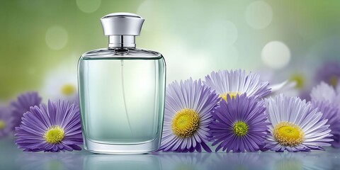 Elegant Teal Perfume Bottle Surrounded by Vibrant Purple Flowers on Reflective Surface
