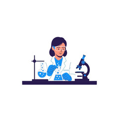 Female Scientist in Lab Coat Examining Blue Liquid in Erlenmeyer Flask