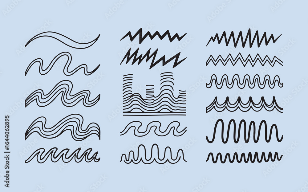 Poster collection of hand drawn abstract wavy lines and sound wave patterns