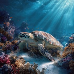 Fototapeta premium Majestic sea turtle gliding through vibrant coral reef in clear ocean water