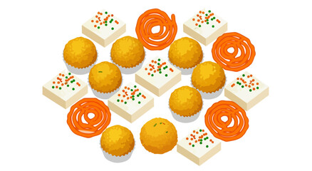Colorful assortment of Indian sweets, including laddoos, barfi, and jalebi, arranged in a circular pattern.