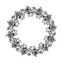 Hand drawn alstroemeria floral wreath in a sketchy ink style. Elegant circular frame with peruvian lily flowers for design, invitations, and decoration on a white background.