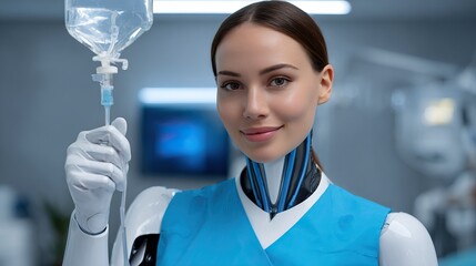 AI space medical assistant. A smiling humanoid robot in a blue uniform holds an IV bag, blending technology with healthcare in a futuristic medical setting.