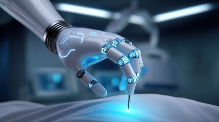 AI space medical assistant. A futuristic robotic hand performs a precise task, illuminated by blue light, advancements in technology and healthcare.