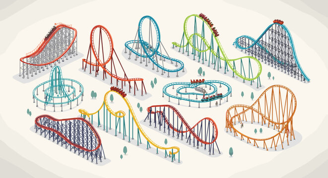 Isometric illustration showcasing a variety of colorful roller coasters with tiny trees around them