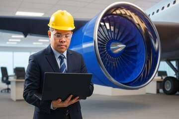 Airplane Maintenance Engineer Inspecting Jet Engine With Laptop In Hangar For Safety.