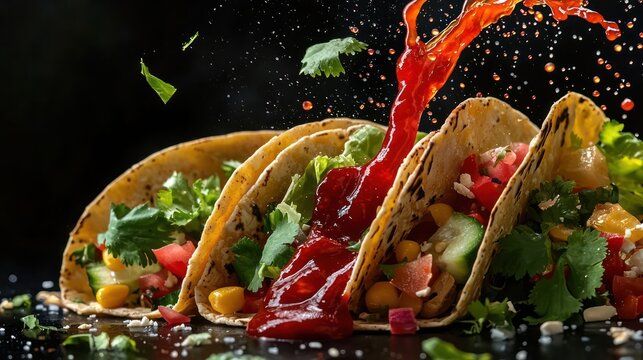 Sweet chili sauce splashing onto a taco, the vibrant red contrast with fresh vegetables and tortillas, isolated on a black background,