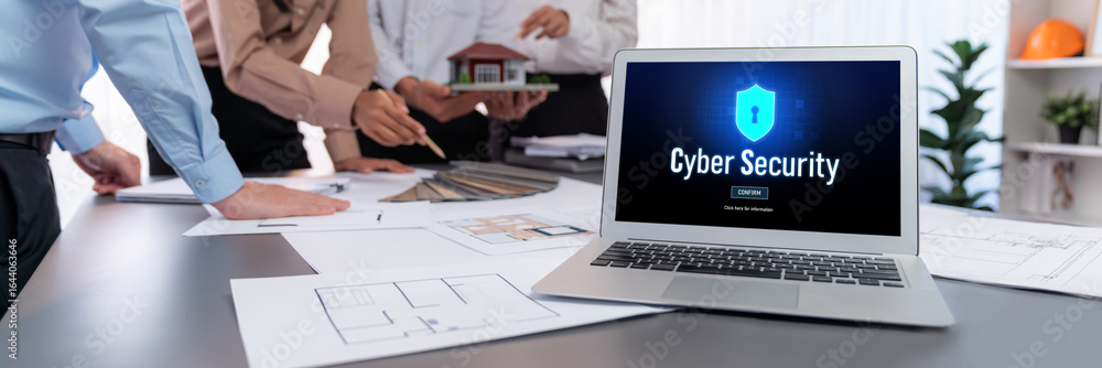 Poster cyber security system on computer screen protect private information brisk from hacker and cyber att