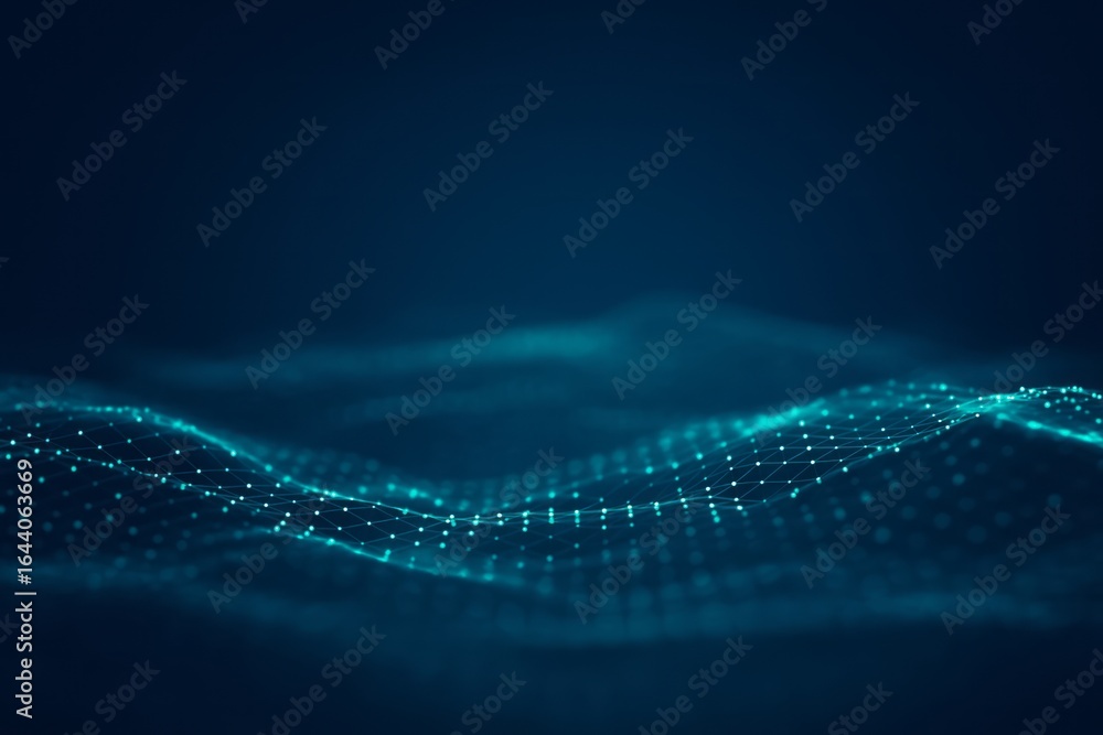 Poster abstract digital landscape with glowing blue wave patterns and interconnected nodes for futuristic t