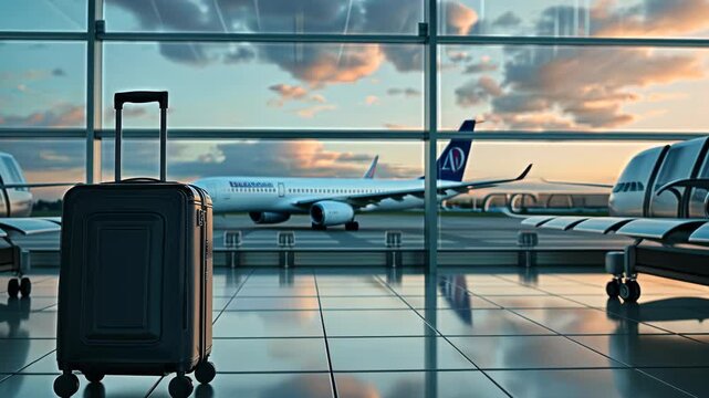 A traveler waits in a quiet airport terminal as the sun sets, casting a warm glow on a parked airplane and empty seats