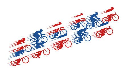 Fototapeta premium Graphic illustration of cyclists racing, depicted in red and blue with motion lines suggesting speed and movement.