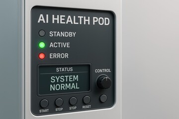 AI space medical assistant. A sleek AI health pod with status indicators, green for active, red for error, and a control panel