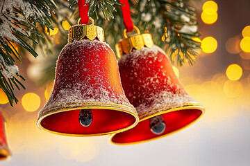 Two red snow-dusted Christmas bells hang from a frosted pine branch . Concept of Christmas, festive, holiday, decoration, winter.