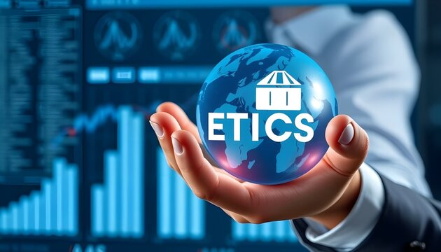 A hand holding a blue globe with the word etics and a building icon on it, with charts in the background