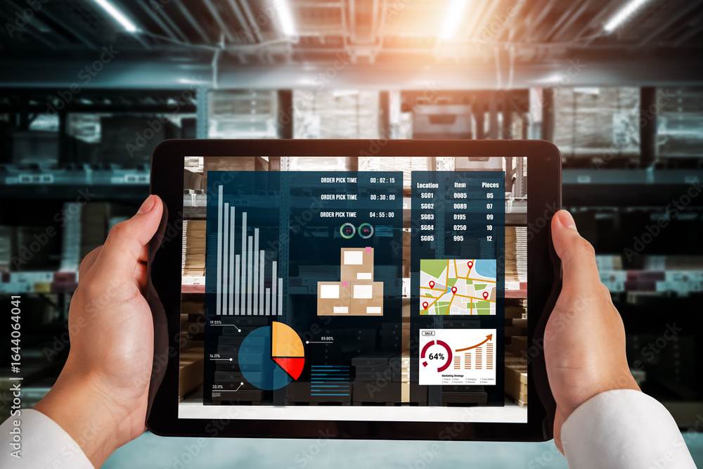 Poster warehouse management innovative software in computer for real time monitoring of goods package deliv