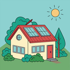 Naklejka premium Quaint house showcases a red roof, solar panels, and lush green foliage under the sun