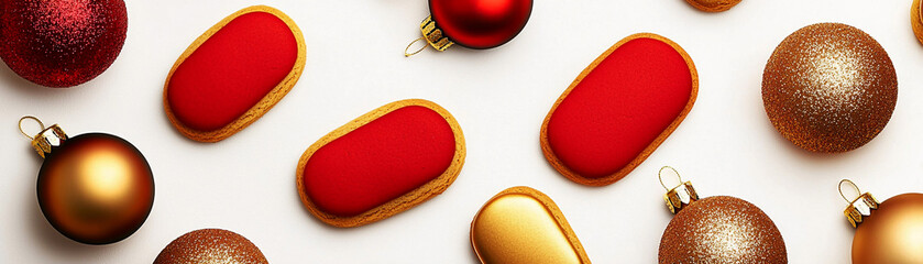 Red frosted oblong cookies and various gold and red Christmas ornaments . Concept of Christmas, holiday treats, festive, decoration, sweets.