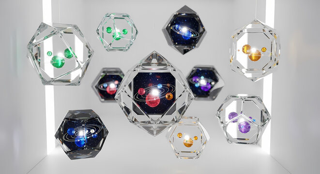 Abstract Crystal Orbs with Colorful Glowing Elements in a Futuristic White Space