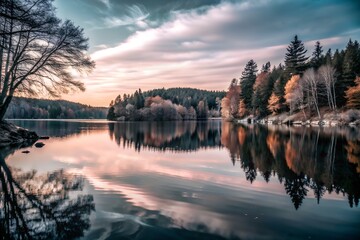 Obraz premium Stunning Sunset Over Serene Lake with Reflections of Autumn Trees
