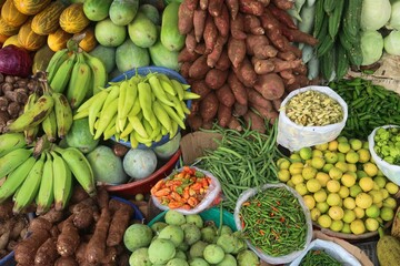 vegetables and fruits showcasing on market