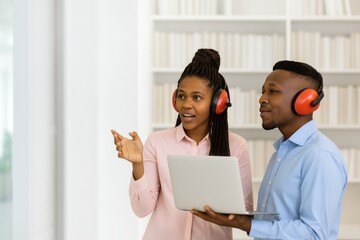 Young African American professionals collaborating with laptop while wearing safety headphones and discussing ideas.