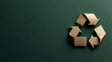 Brown paper recycling symbol on dark green textured background image