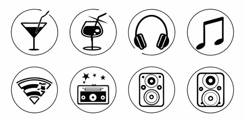 Circular icons featuring music, drinks, and technology isolated on white background