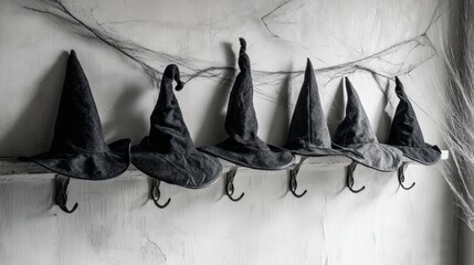 Collection of black witches hats hanging on hooks against a white wall, creating a spooky Halloween decor
