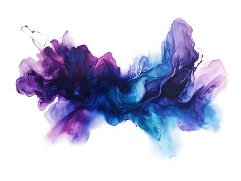 Abstract purple and blue ink painting isolated on transparent background