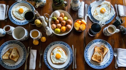 Breakfast spread on wooden table