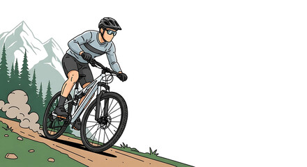 Obraz premium A mountain biker descends a rocky trail amidst a scenic landscape, showcasing an active lifestyle and the thrill of outdoor adventures with mountains and forests in the backdrop