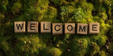 The wooden welcome letters surrounded by lush green moss in nature's embrace.