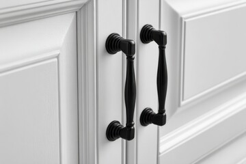 Close-up macro of black cabinet hardware on white doors. Handle with iron finish. Minimalist simple interior style. Cabinet door double doors with both handles. Furniture base set design.
