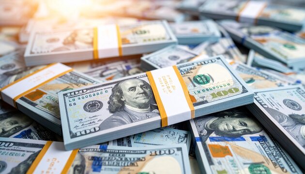 Stacks of crisp hundred-dollar bills bundled in yellow bands, arranged in rows