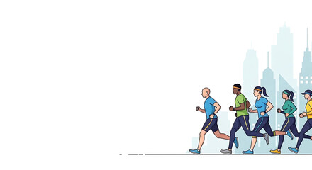 Diverse group of runners participating in an urban marathon against a backdrop of modern skyscrapers showcasing fitness, community, and endurance challenge in a metropolis