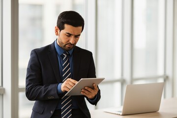 Focused Businessman with Digital Tablet and Laptop in Bright Office Setting, Contemplating Strategy