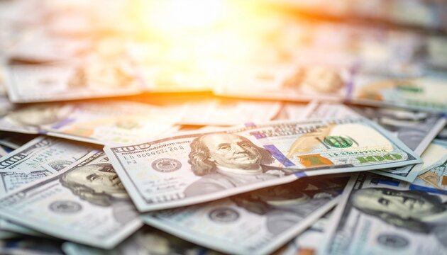 Stacks of crisp hundred-dollar bills bundled in yellow bands, arranged in rows