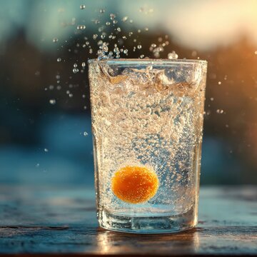 Water splashing around egg yolk in clear glass during sunset