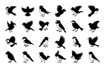 Obraz premium Diverse black bird silhouettes in various poses white flying