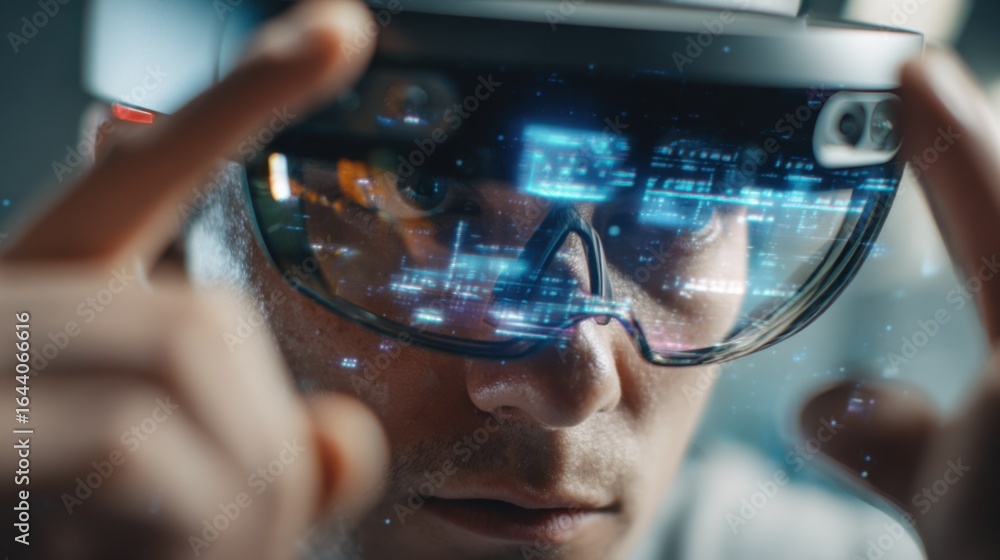 Poster Focused medium shot of a user wearing augmented reality glasses navigating through interoperable virtual worlds while the surrounding mixedreality elements remain softly out of