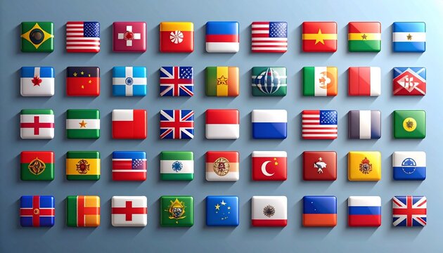 "A glossy grid of square buttons featuring world flags arranged in rows&mdash;symbolizing international unity, cultural diversity, and global connection."
