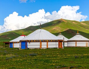 A cluster of traditional Mongolian yurts on a lush green plain, capturing the essence of nomadic life and the vastness of the natural environment.