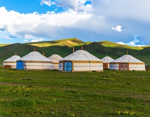 A cluster of traditional Mongolian yurts on a lush green plain, capturing the essence of nomadic life and the vastness of the natural environment.