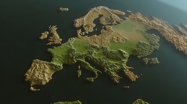 Detailed 3D Topographic Map of Europe, Country Borders, Physical Geography