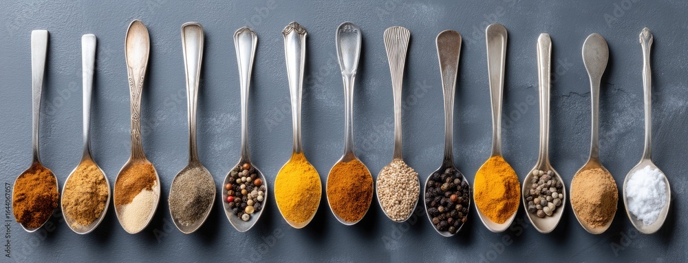 Poster colorful array of spices lined up in silver spoons showcasing the diversity of flavors and aromas fr