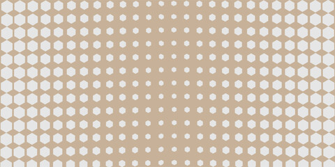 Hexagonal halftone pattern on a beige background, with hexagons of varying sizes creating a fading or gradient effect from the center outwards