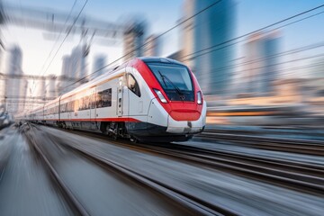 Fototapeta premium Electric passenger red gray train drives at high speed among urban landscape. Modern high speed commuter train on the railway station and colorful sky at sunset in Europe. Railroad background